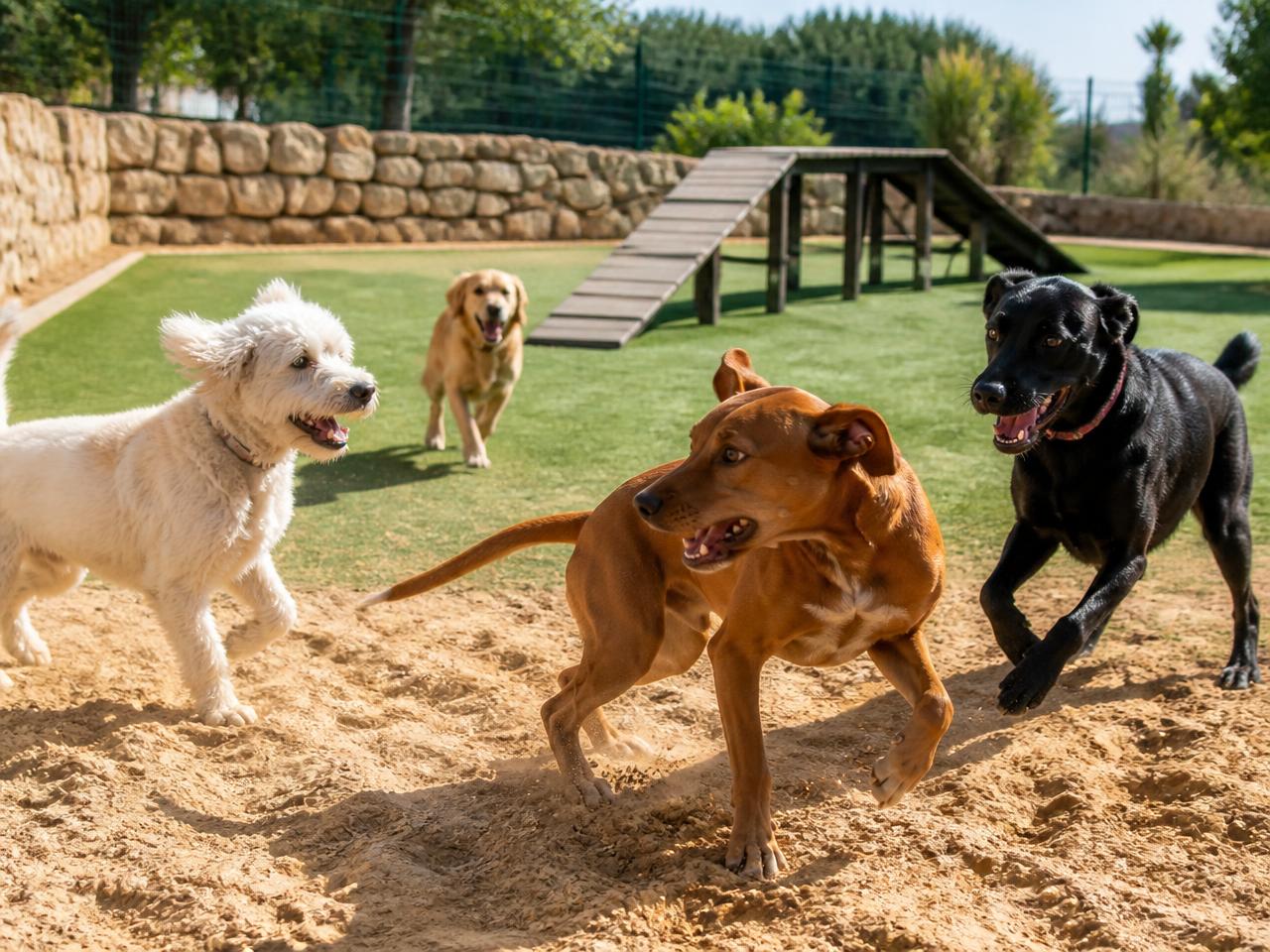 Cani nell'area diurna dell'asilo Dogland durante una sessione di gioco