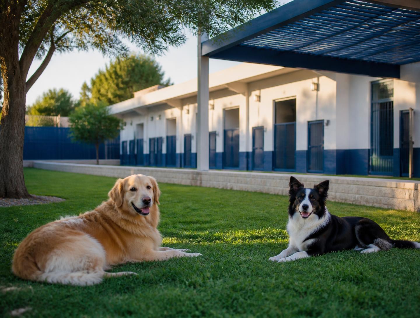 Area esterna del centro cinofilo Dogland a Recale (CE) con due cani rilassati sul prato davanti ai box individuali