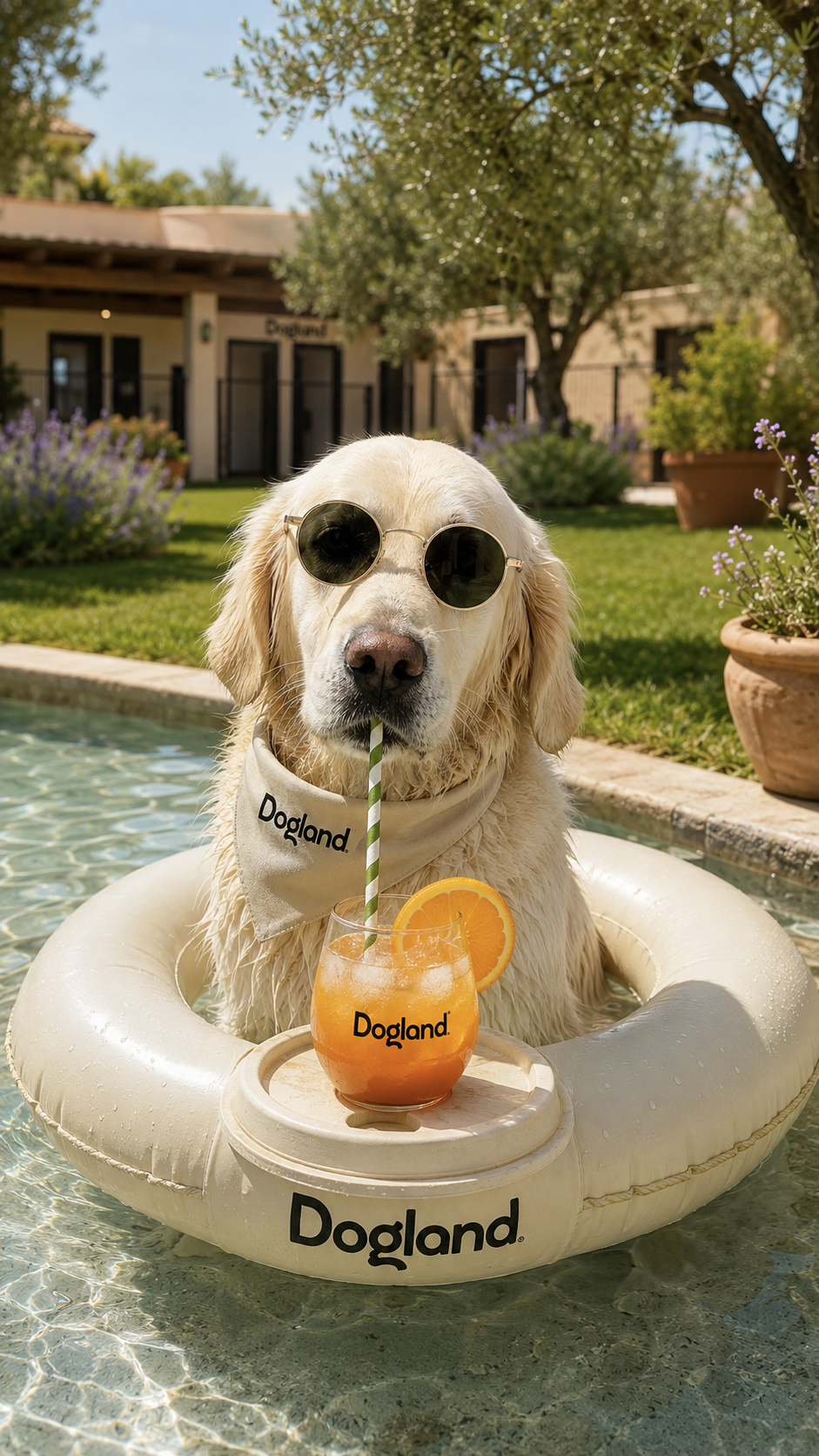 Golden retriever con bandana Dogland su ciambella in piscina davanti al centro cinofilo Dogland a Recale (Caserta)
