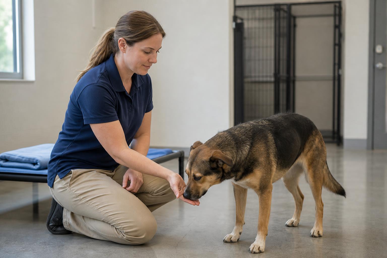 Operatrice di Dogland accoglie un cane durante la seduta di abituazione