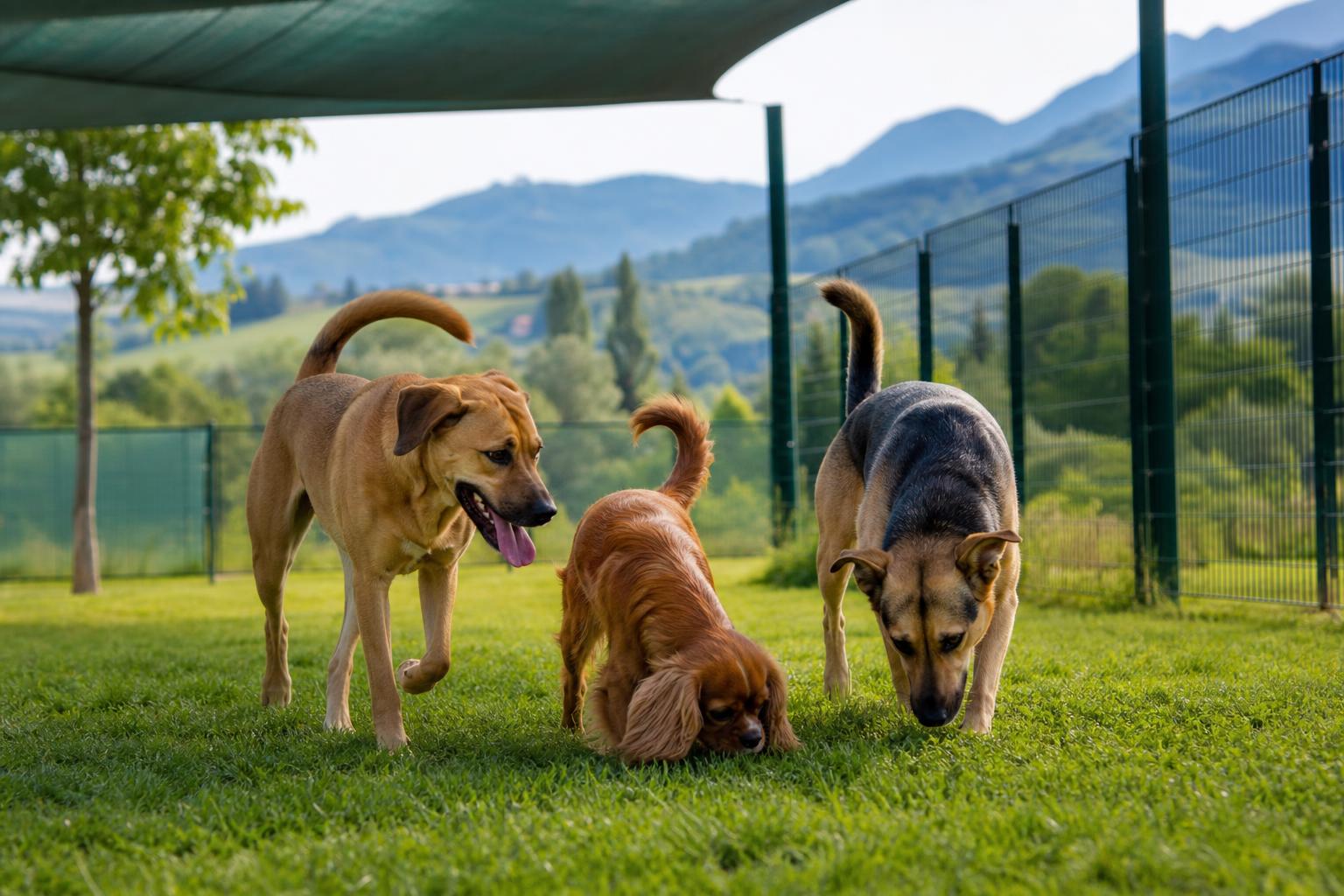 Cani nell'area esterna del centro cinofilo Dogland al mattino